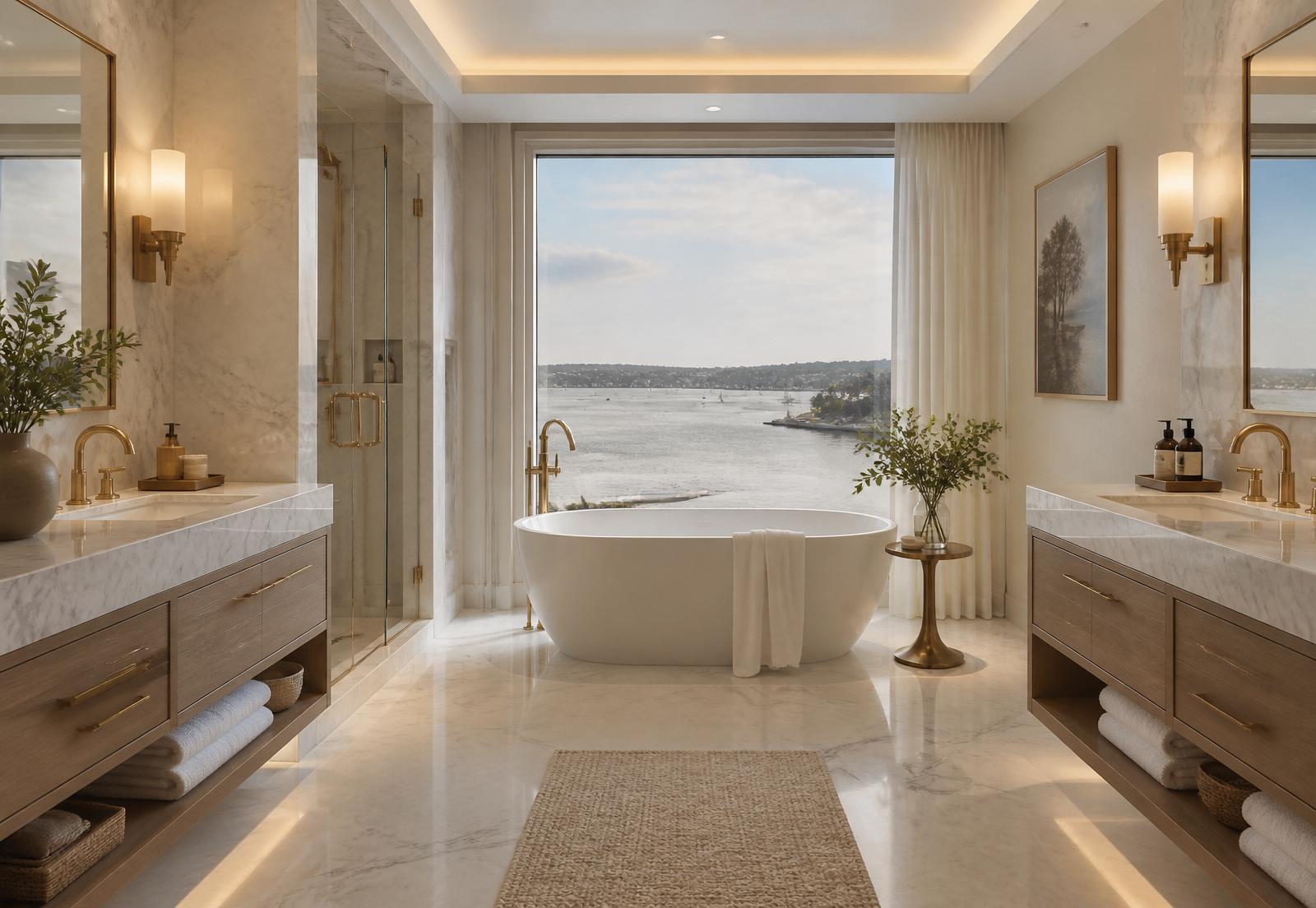 Spa bath with freestanding tub and harbor view