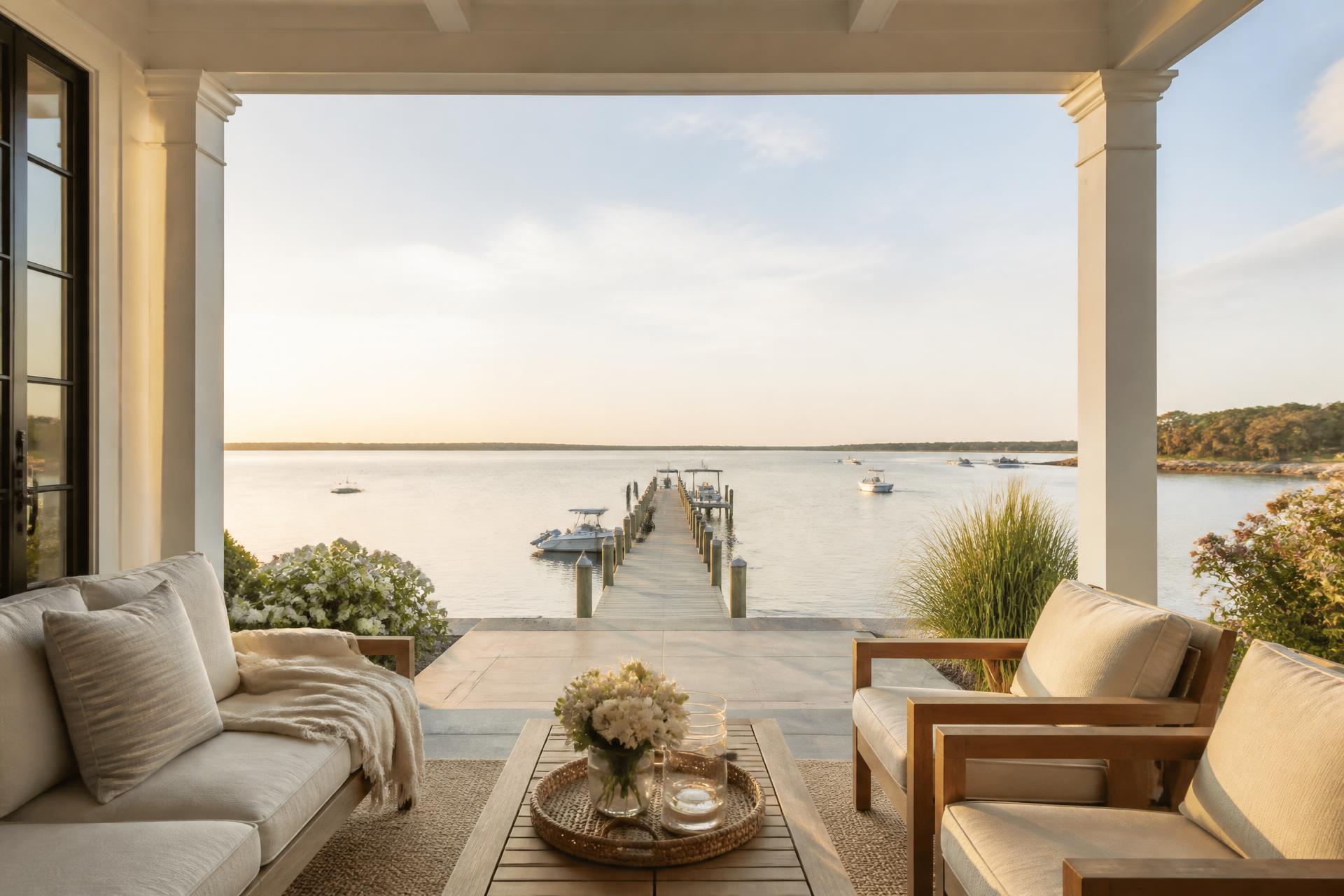 Covered porch overlooking the private dock and harbor