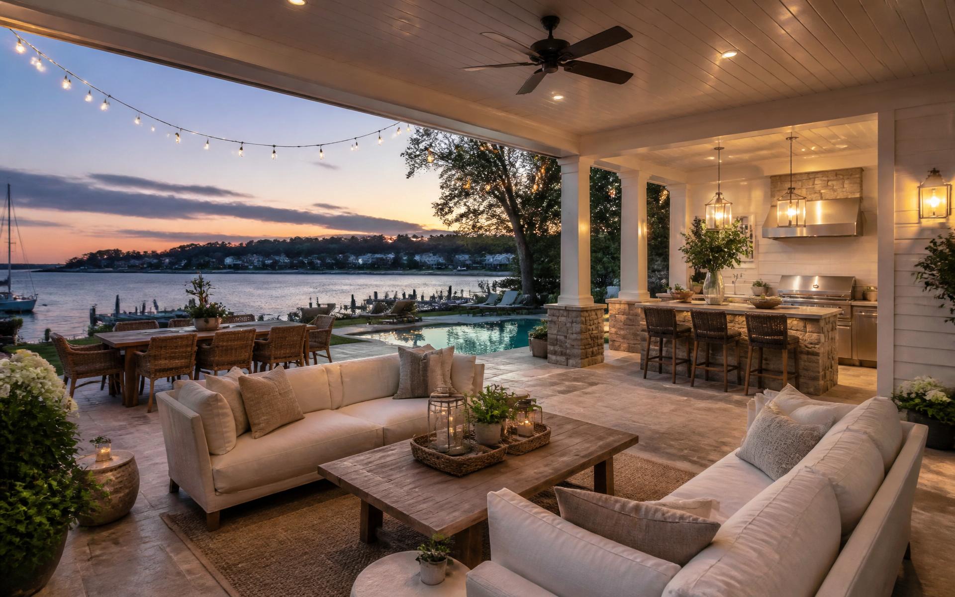 Covered porch, pool terrace, and outdoor kitchen at dusk