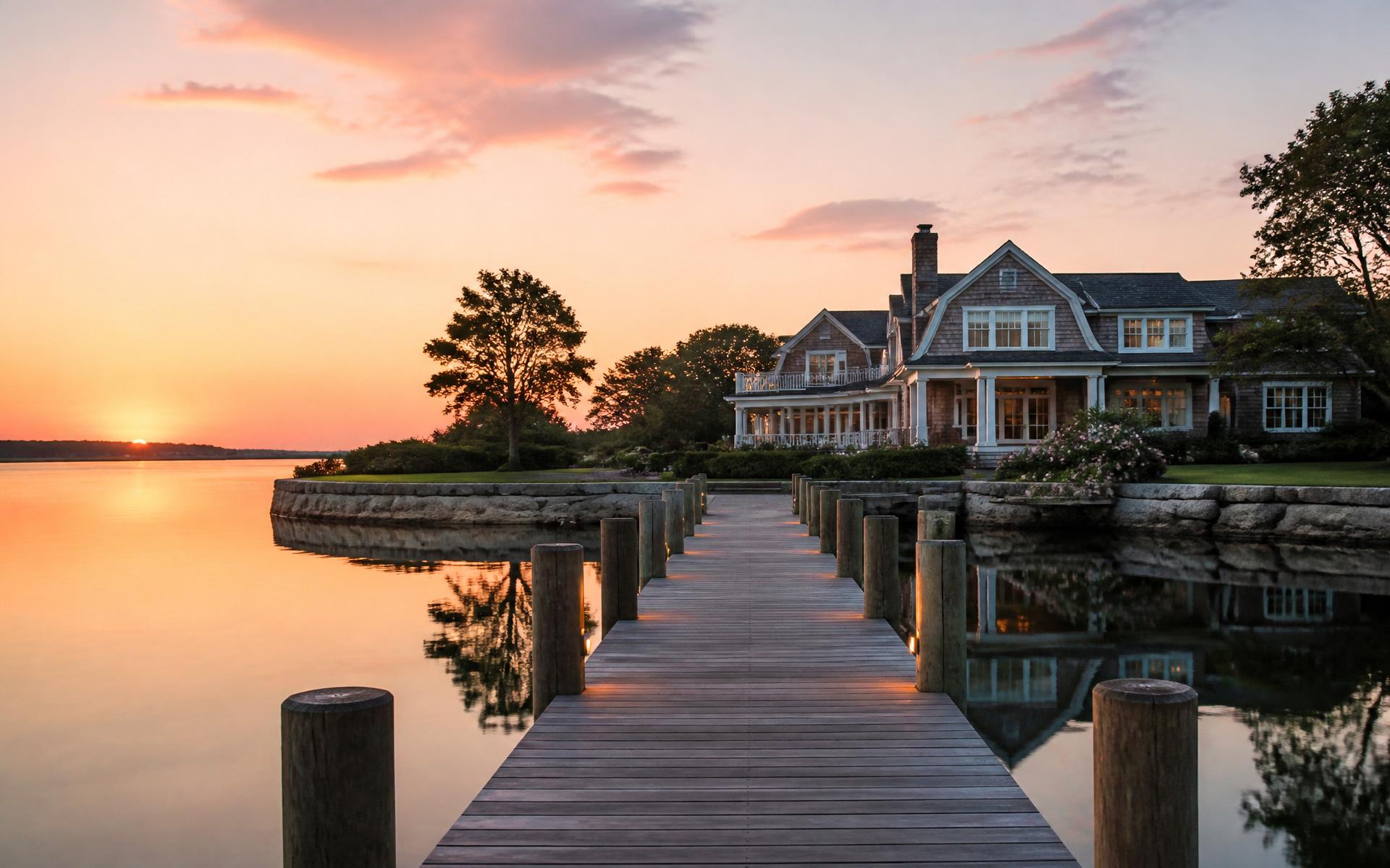 Private wooden dock at sunset with the residence beyond