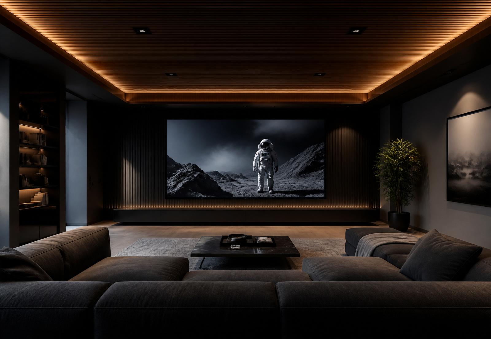 Media room with wood-clad ceiling