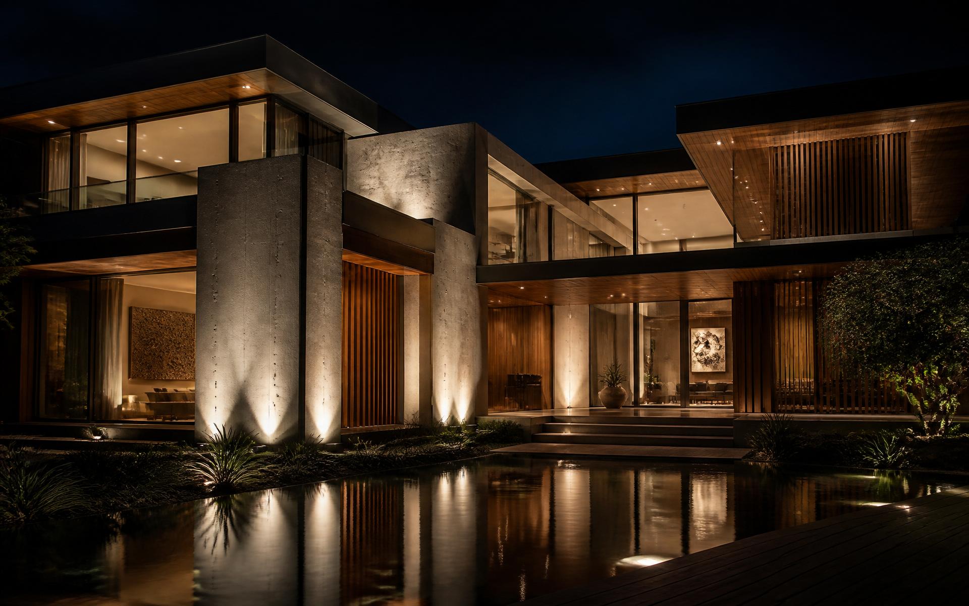 Exterior at night with reflecting pool