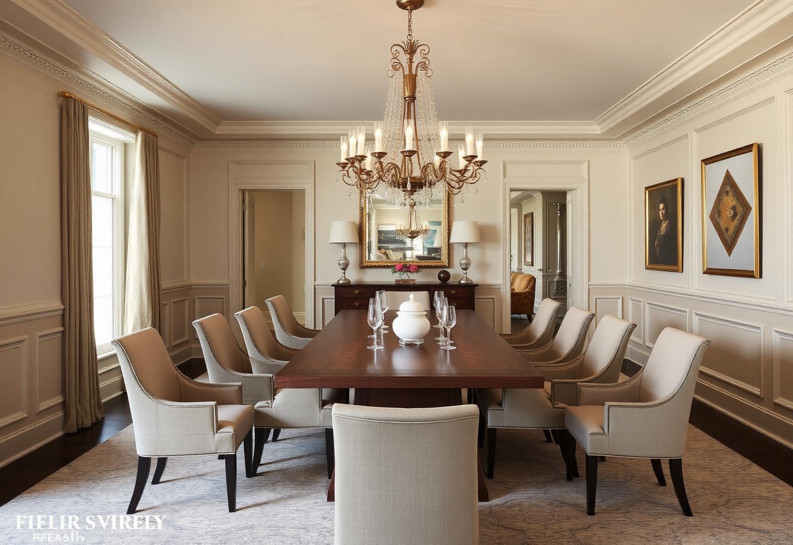 Formal dining room with statement chandelier