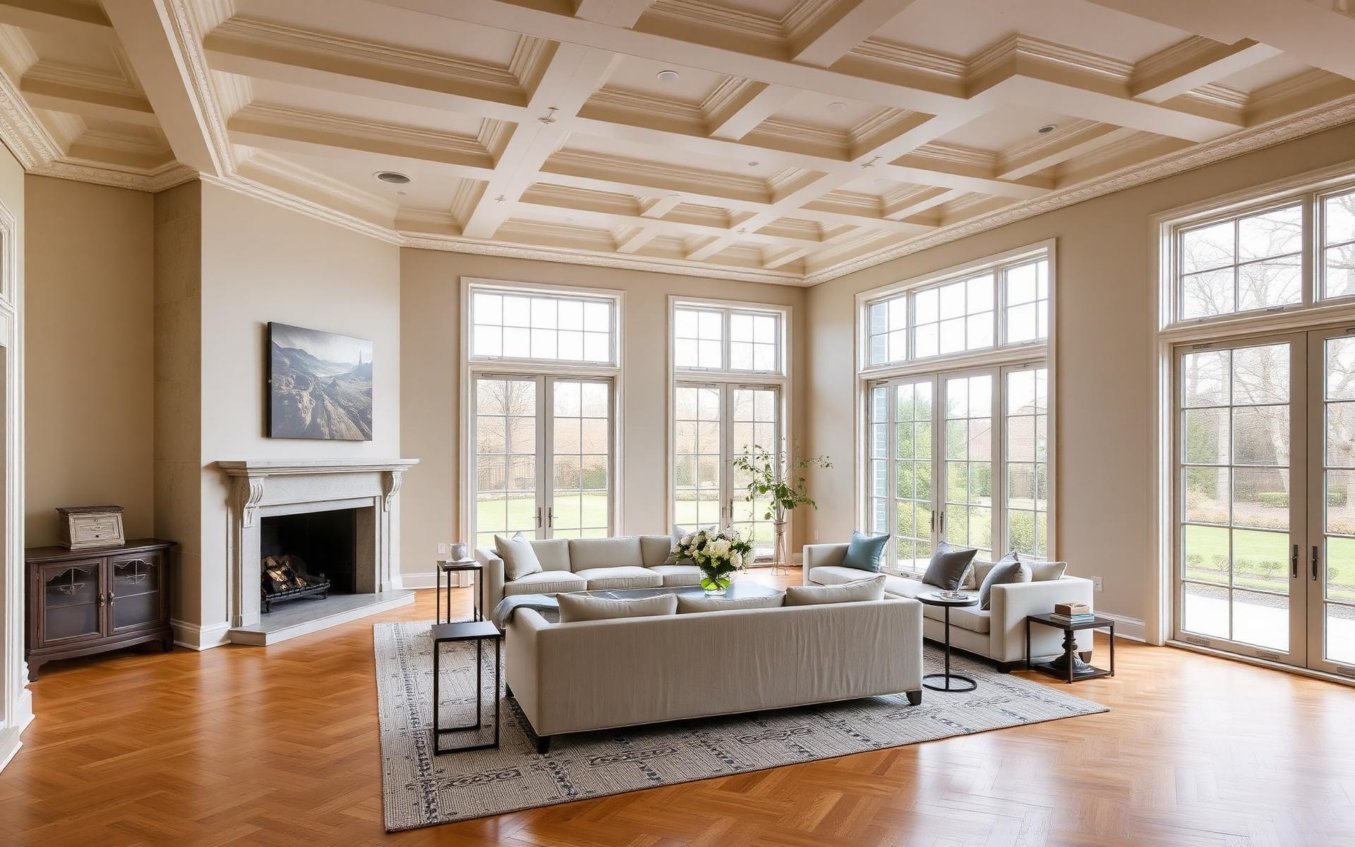 Coffered great room bathed in natural light