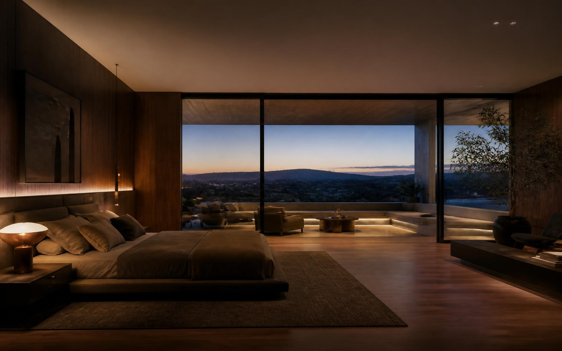 Primary bedroom with panoramic glass wall