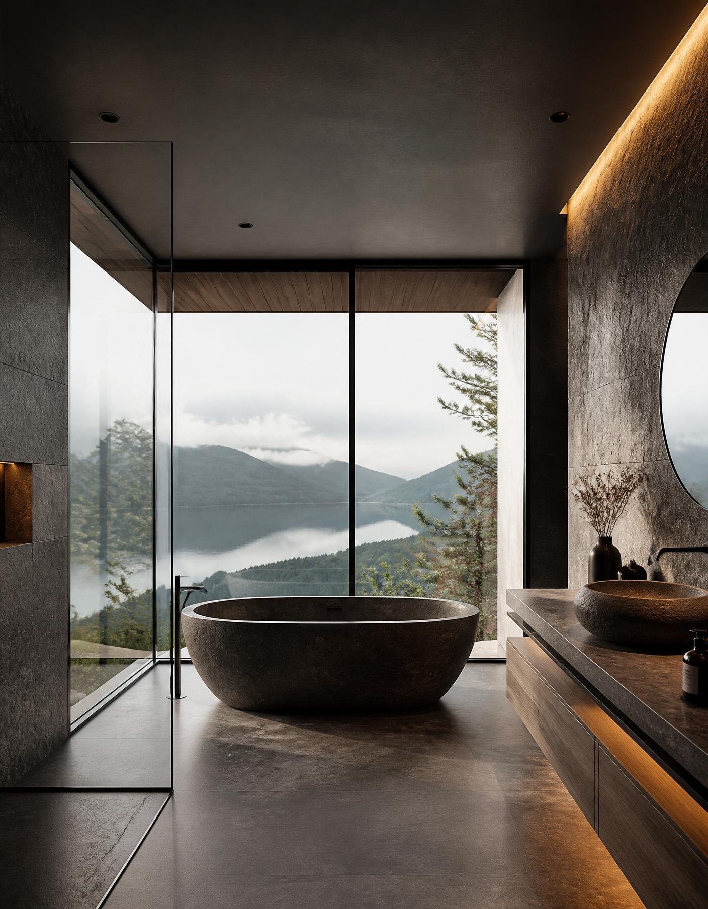 Freestanding stone tub with mountain view
